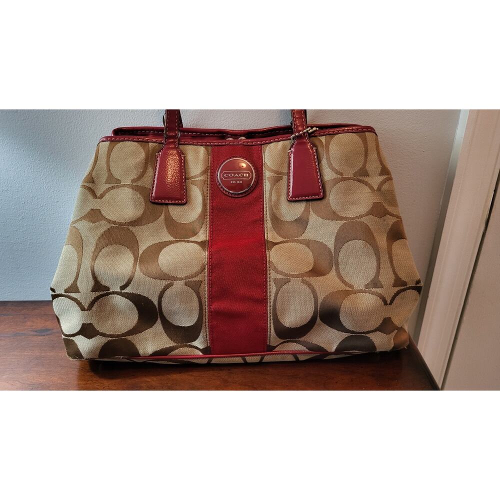Coach Signature Stripe Framed Carryall Tote Satchel F17424 Red Trim Y2K - Picture 10 of 16